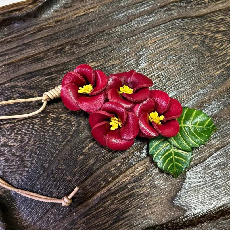 Blooming Peach Blossom Leather Bag Charm – Handmade Multi-Flower Pendant in Full-Grain Leather | Lifelike Floral Accessory with Leaves | Elegant Keychain or Handbag Ornament