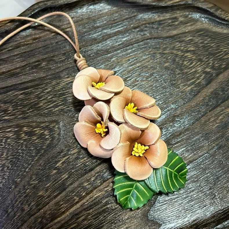 Blooming Peach Blossom Leather Bag Charm – Handmade Multi-Flower Pendant in Full-Grain Leather | Lifelike Floral Accessory with Leaves | Elegant Keychain or Handbag Ornament
