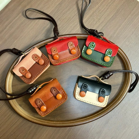 Vintage Mini Leather Earphone Bag Charm – Handmade Full-Grain Leather Colorblock Keychain | Unisex Retro Bag Accessory | Handcrafted Functional Pouch