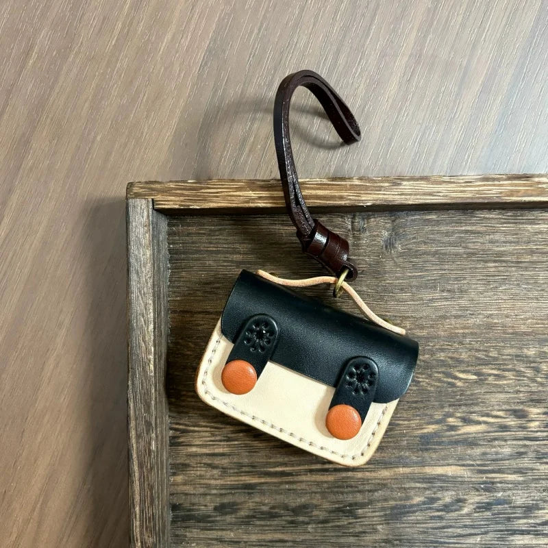 Vintage Mini Leather Earphone Bag Charm – Handmade Full-Grain Leather Colorblock Keychain | Unisex Retro Bag Accessory | Handcrafted Functional Pouch