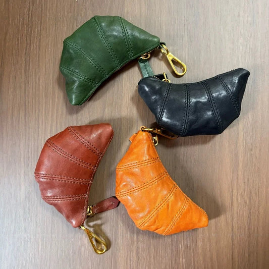 Croissant Leather Pouch Charm – Handmade Full-Grain Leather Mini Organizer | Lipstick & Coin Holder | Creative Vintage Bag Pendant