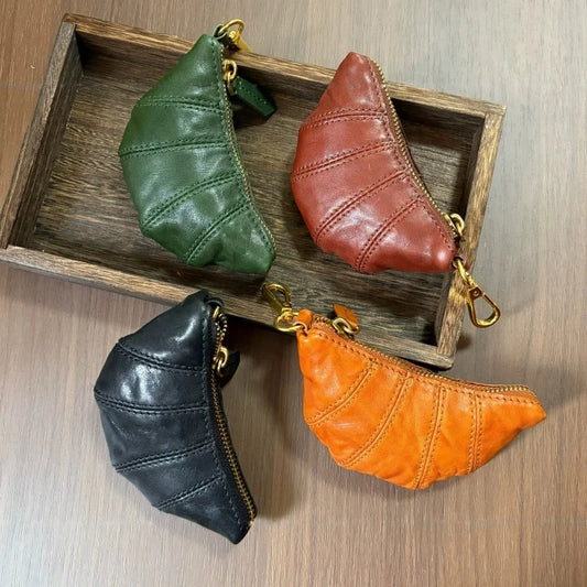 Croissant Leather Pouch Charm – Handmade Full-Grain Leather Mini Organizer | Lipstick & Coin Holder | Creative Vintage Bag Pendant