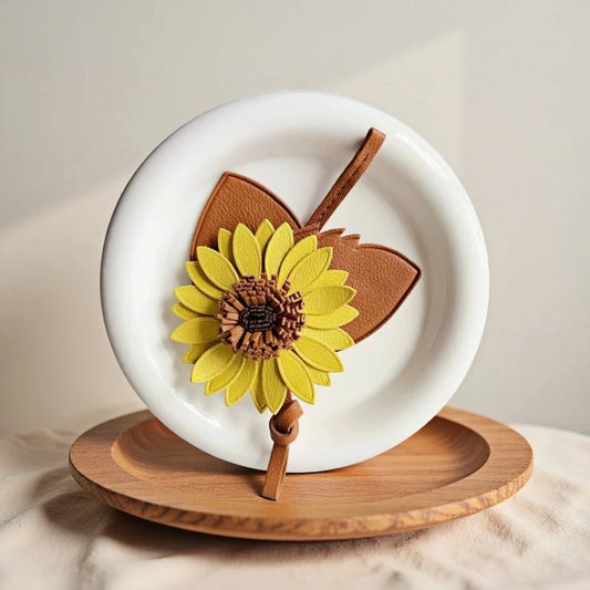 Sunflower Leather Bag Charm – Handmade Full-Grain Cowhide Pendant | Unique Artistic Keychain | Elegant Floral Handbag Accessory