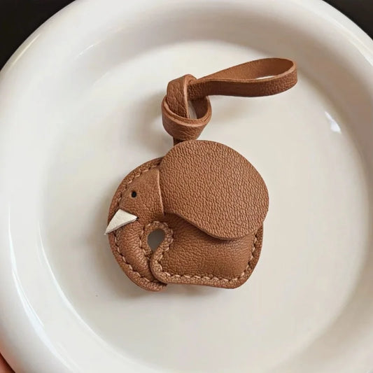 Minimalist Handcrafted Elephant Bag Charm | Double-Sided Full-Grain Leather Purse Accessory | Symbol of Luck & Wisdom Key Fob