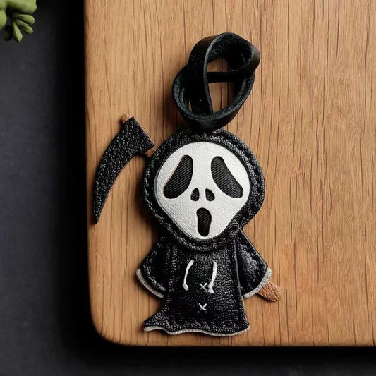 Halloween Grim Reaper Leather Bag Charm – Handmade Full-Grain Leather Keychain | Spooky Ghost Pendant | Unique Holiday Accessory for Women