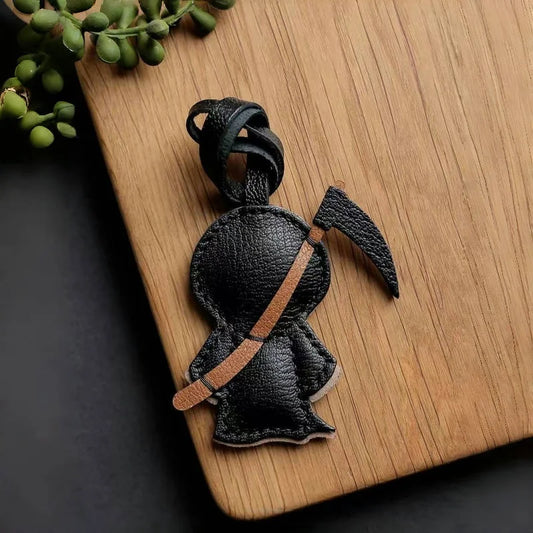 Halloween Grim Reaper Leather Bag Charm – Handmade Full-Grain Leather Keychain | Spooky Ghost Pendant | Unique Holiday Accessory for Women