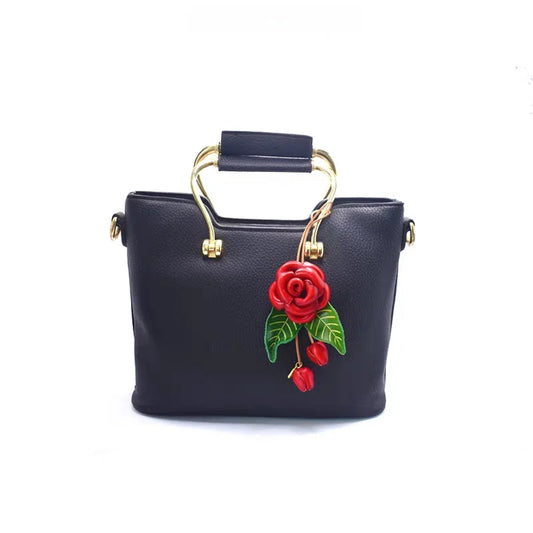 Romantic Blooming Rose Leather Bag Charm – Handmade Full-Grain Leather Flower Pendant | Artistic Accessory for Handbags | Timeless Gift for Women