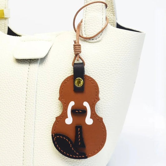 Vintage Violin Leather Bag Charm – Handmade Full-Grain Cowhide Pendant | Classical Music-Inspired Keychain for Bags | Retro Artisan Gift