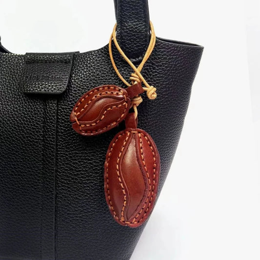 Nordic Coffee Bean Leather Bag Charm – Handmade Full-Grain Cowhide Pendant | Minimalist Double Charm Keychain | Symbol of Warmth & Comfort