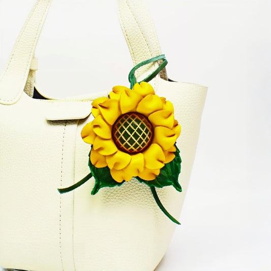 Handcrafted Sunflower Leather Bag Charm – 3D Full-Grain Leather Floral Pendant | Cheerful Yellow Bloom Accessory | Meaningful Gift for Her