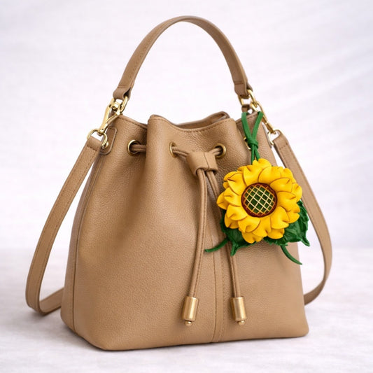 Handcrafted Sunflower Leather Bag Charm – 3D Full-Grain Leather Floral Pendant | Cheerful Yellow Bloom Accessory | Meaningful Gift for Her