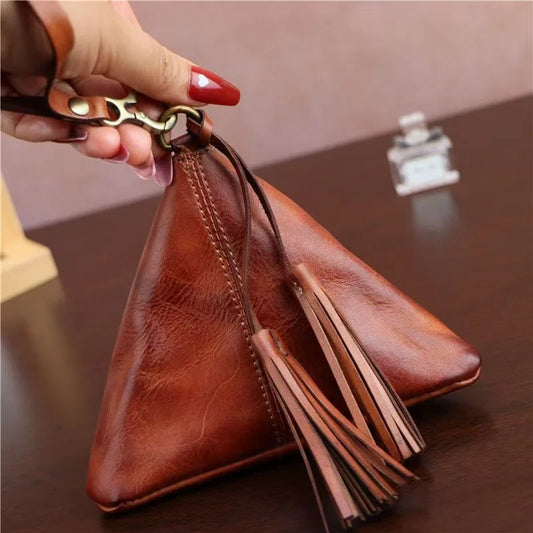 Vintage Leather Triangle Pouch – Handmade Cowhide Lipstick & Coin Case | Mini Zipper Bag Charm with Tassel | Retro Gift & Organizer