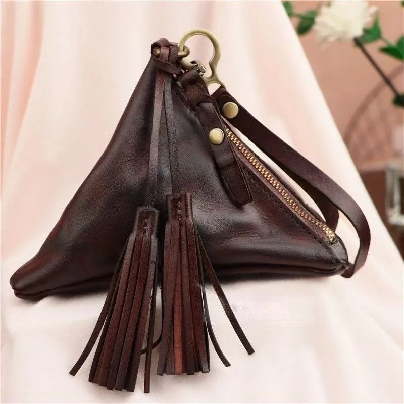Vintage Leather Triangle Pouch – Handmade Cowhide Lipstick & Coin Case | Mini Zipper Bag Charm with Tassel | Retro Gift & Organizer