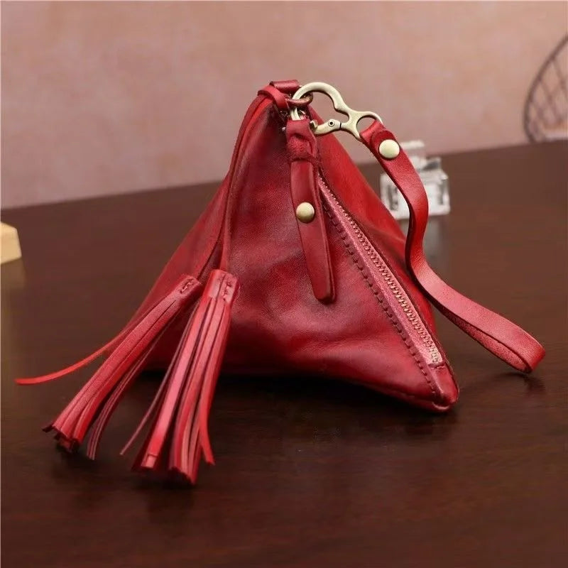 Vintage Leather Triangle Pouch – Handmade Cowhide Lipstick & Coin Case | Mini Zipper Bag Charm with Tassel | Retro Gift & Organizer