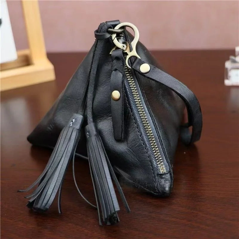 Vintage Leather Triangle Pouch – Handmade Cowhide Lipstick & Coin Case | Mini Zipper Bag Charm with Tassel | Retro Gift & Organizer