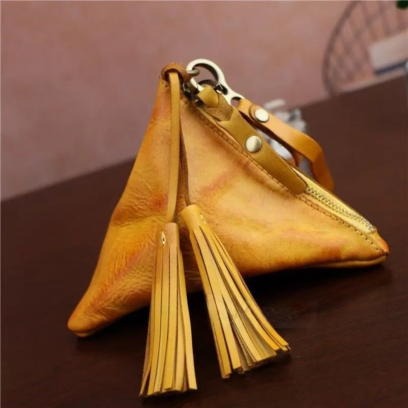 Vintage Leather Triangle Pouch – Handmade Cowhide Lipstick & Coin Case | Mini Zipper Bag Charm with Tassel | Retro Gift & Organizer
