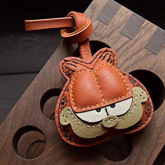 Handcrafted Leather Orange Cat Bag Charm – Cartoon Cat Design, Full - Grain Lambskin, Playful Accessory for Keys or Bags, Thoughtful Gift for Women - Tomlynam