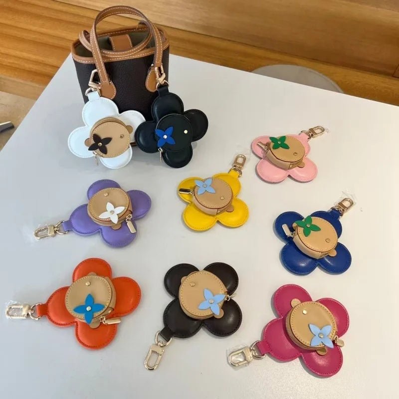 Sunflower Leather Coin & Earbud Case Charm – Designer Mini Flower Bag Pendant | Handmade Genuine Leather Keychain | Versatile Purse Accessory in Multiple Colors - Tomlynam