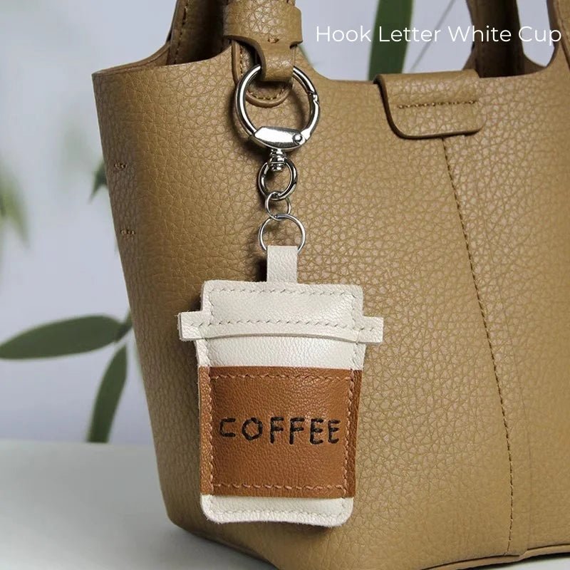 Coffee Cup Leather Bag Charm – Handcrafted Lambskin Pendant with Cartoon Coffee Bean Design | Cute Keychain & Purse Accessory | 16 Styles Available - Tomlynam