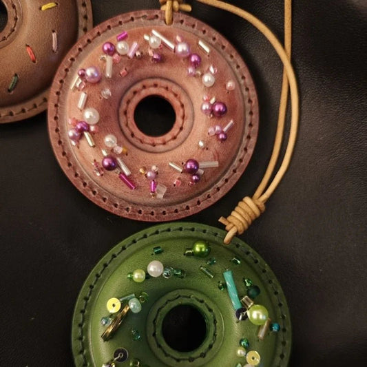 Handcrafted Leather Donut Bag Charm – Premium Full - Grain Leather Pendant with Beaded Sprinkles | Cute Donut Keychain | Whimsical Gift for Bags & Cars - Tomlynam