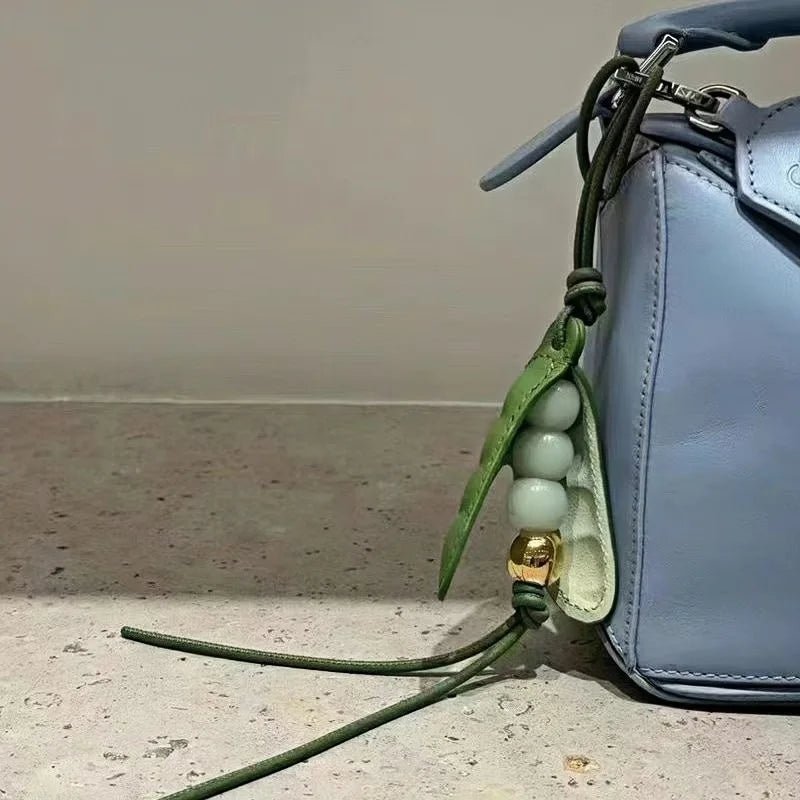 Pea Pod - Inspired Leather Bag Charm – Handmade Vegetable Keychain with Jade Beads | Creative Pendant for Handbags & Backpacks | Designer - Inspired Accent Accessory - Tomlynam