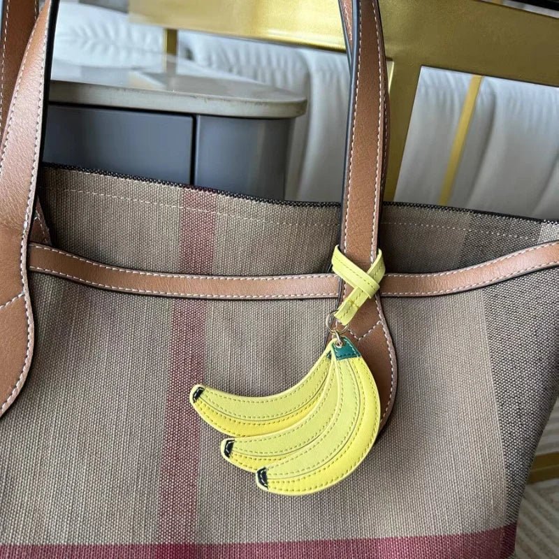 Banana Trio Leather Bag Charm – Handmade Cowhide Pendant | Cute Fruit - Inspired Keychain for Tote & Backpack | Artistic Yellow Accessory - Tomlynam