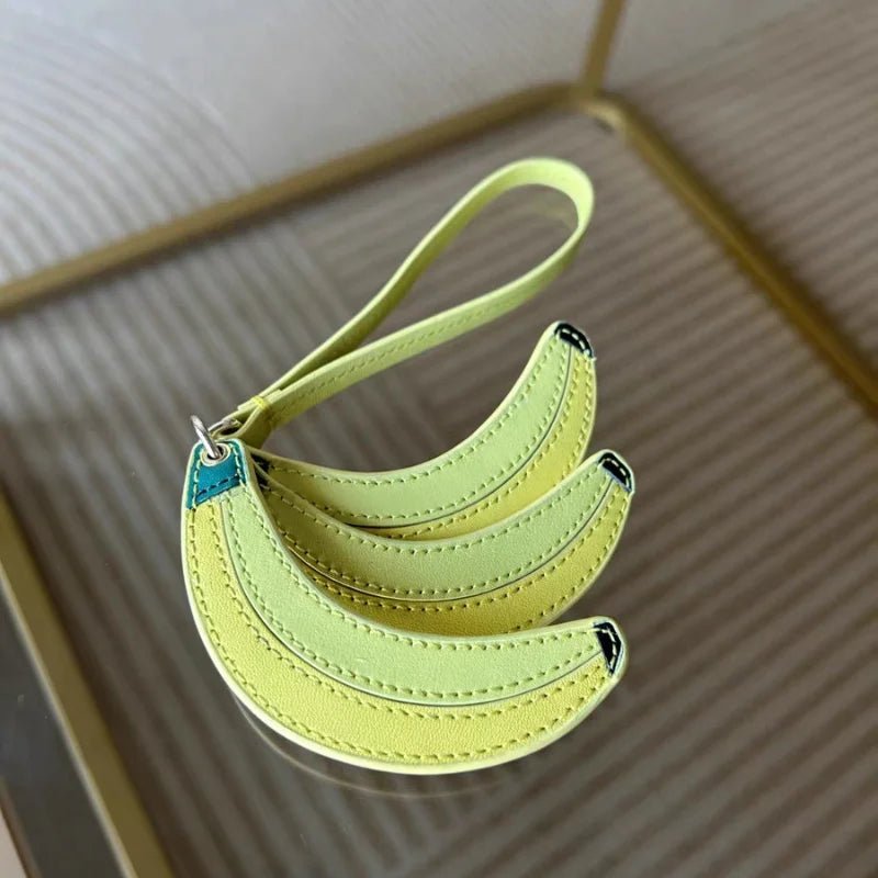 Banana Trio Leather Bag Charm – Handmade Cowhide Pendant | Cute Fruit - Inspired Keychain for Tote & Backpack | Artistic Yellow Accessory - Tomlynam