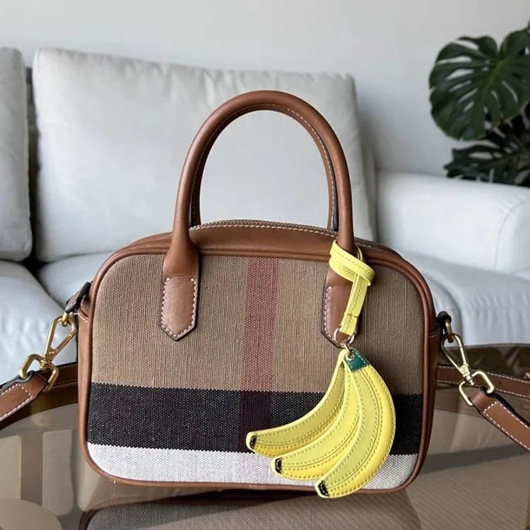 Banana Trio Leather Bag Charm – Handmade Cowhide Pendant | Cute Fruit - Inspired Keychain for Tote & Backpack | Artistic Yellow Accessory - Tomlynam