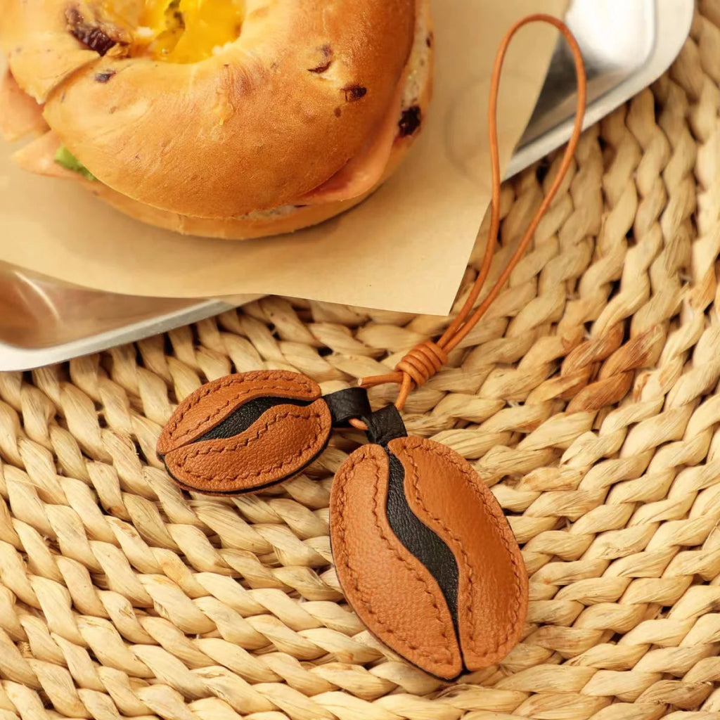 French Lambskin Coffee Bean Bag Charm – Handcrafted Dual - Tone Leather Keychain | Vintage - Inspired Pendant for Handbags & Cars | Unique Gift for Coffee Lovers - Tomlynam
