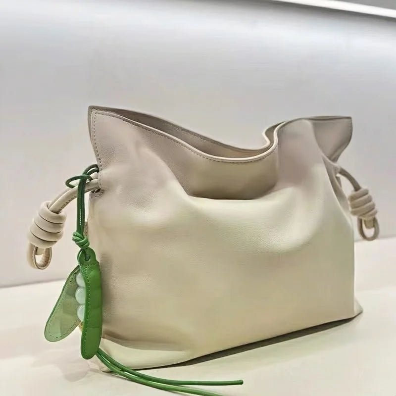 Pea Pod - Inspired Leather Bag Charm – Handmade Vegetable Keychain with Jade Beads | Creative Pendant for Handbags & Backpacks | Designer - Inspired Accent Accessory - Tomlynam