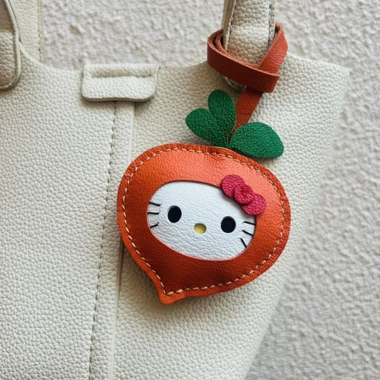 Carrot Kitty Leather Bag Charm – Handmade Lambskin Keychain Accessory | Adorable Cartoon Cat Pendant | Cute Car Purse Charm Gift for Her - Tomlynam