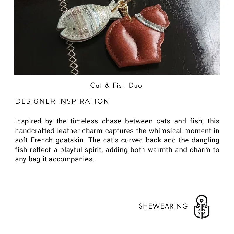 Cat & Fish Leather Bag Charm – Handmade French Goatskin Keychain | Whimsical Duo Pendant | Purse Accessory Gift for Cat Lovers - Tomlynam
