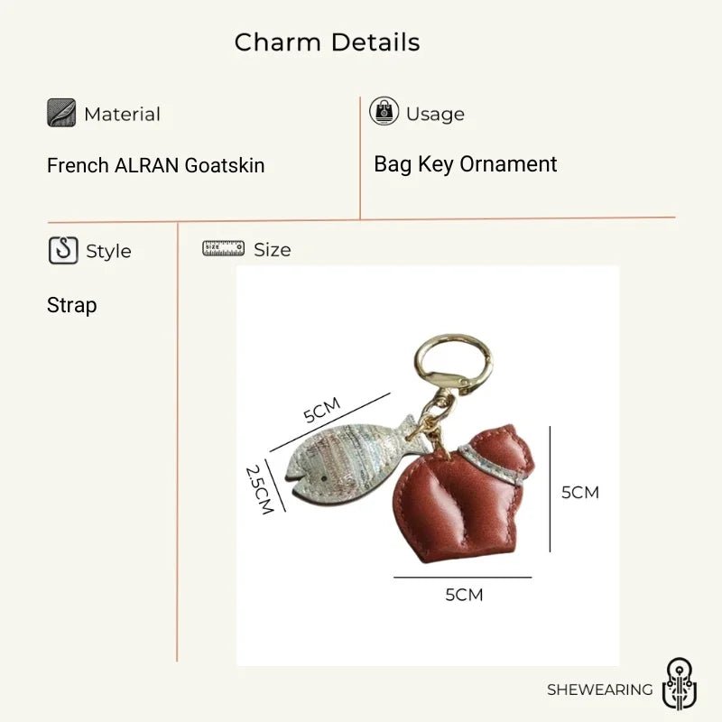 Cat & Fish Leather Bag Charm – Handmade French Goatskin Keychain | Whimsical Duo Pendant | Purse Accessory Gift for Cat Lovers - Tomlynam