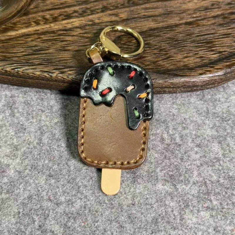 Chocolate Ice Cream Leather Bag Charm – Handmade Full - Grain Cowhide Keychain | Cute Popsicle Pendant for Handbags | Sweet & Stylish Gift Idea - Tomlynam