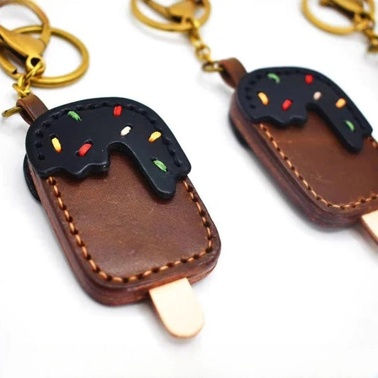 Chocolate Ice Cream Leather Bag Charm – Handmade Full - Grain Cowhide Keychain | Cute Popsicle Pendant for Handbags | Sweet & Stylish Gift Idea - Tomlynam