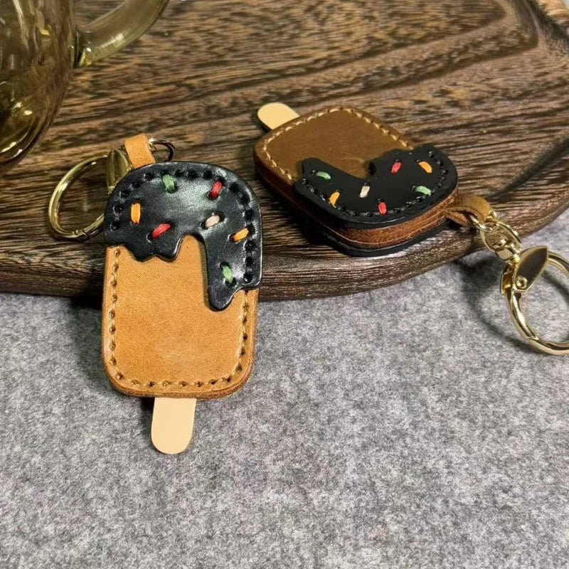 Chocolate Ice Cream Leather Bag Charm – Handmade Full - Grain Cowhide Keychain | Cute Popsicle Pendant for Handbags | Sweet & Stylish Gift Idea - Tomlynam