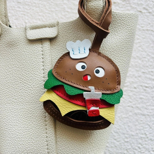 Cute Burger Lambskin Bag Charm – Handcrafted Leather Hamburger Pendant | Playful Couple Gift & Keychain | Trendy INS - Style Purse Accessory - Tomlynam