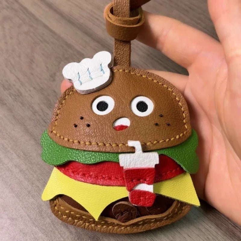 Cute Burger Lambskin Bag Charm – Handcrafted Leather Hamburger Pendant | Playful Couple Gift & Keychain | Trendy INS - Style Purse Accessory - Tomlynam