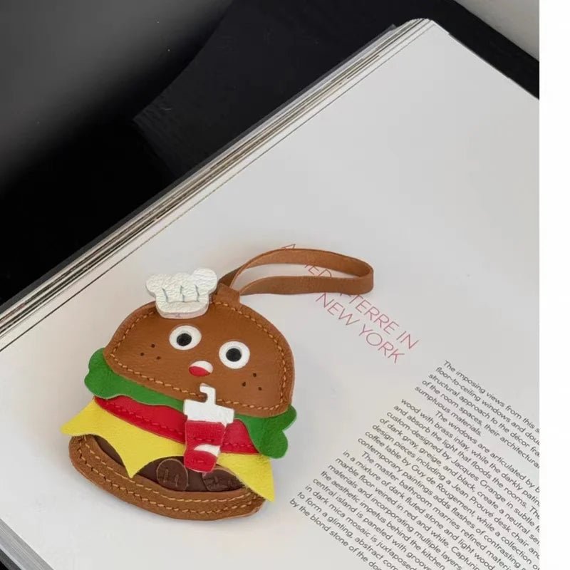 Cute Burger Lambskin Bag Charm – Handcrafted Leather Hamburger Pendant | Playful Couple Gift & Keychain | Trendy INS - Style Purse Accessory - Tomlynam