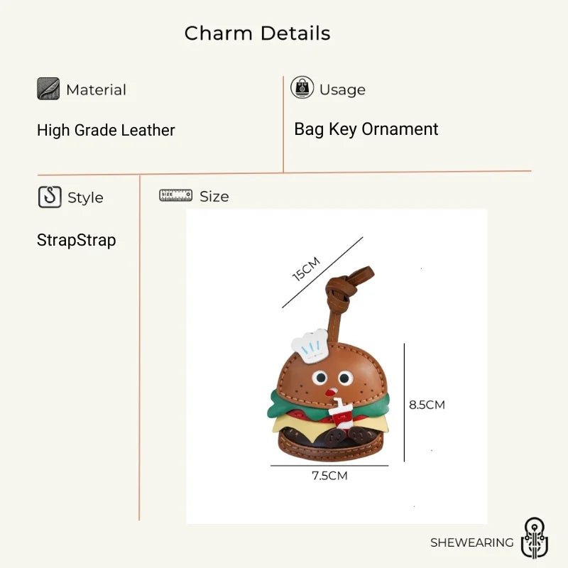 Cute Burger Lambskin Bag Charm – Handcrafted Leather Hamburger Pendant | Playful Couple Gift & Keychain | Trendy INS - Style Purse Accessory - Tomlynam