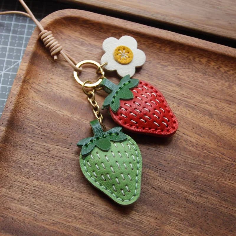 Cute Strawberry Leather Bag Charm – Handcrafted Fruit - Inspired Pendant with Daisy Detail | Playful Keychain Accessory | Lovely Gift for Women - Tomlynam