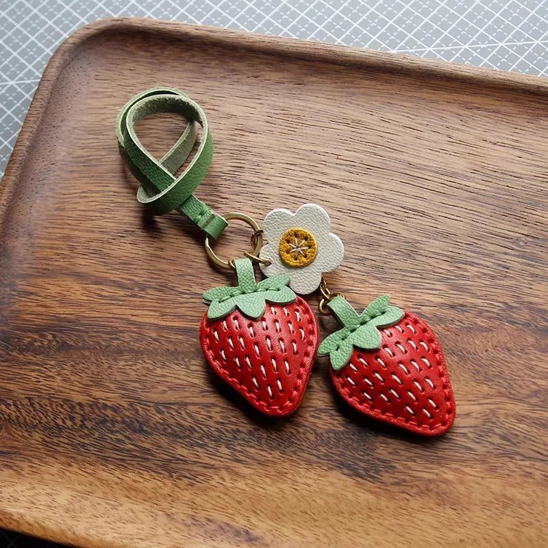 Cute Strawberry Leather Bag Charm – Handcrafted Fruit - Inspired Pendant with Daisy Detail | Playful Keychain Accessory | Lovely Gift for Women - Tomlynam