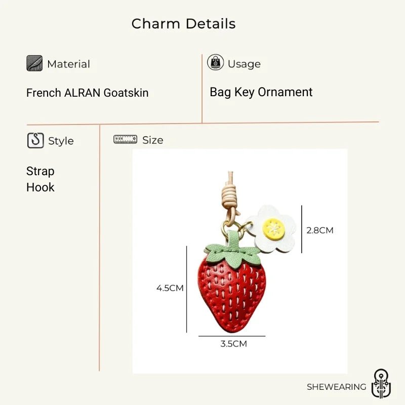 Cute Strawberry Leather Bag Charm – Handcrafted Fruit - Inspired Pendant with Daisy Detail | Playful Keychain Accessory | Lovely Gift for Women - Tomlynam