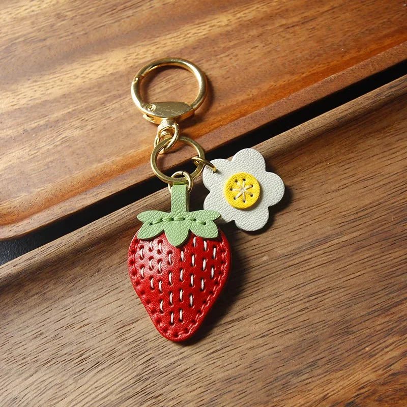 Cute Strawberry Leather Bag Charm – Handcrafted Fruit - Inspired Pendant with Daisy Detail | Playful Keychain Accessory | Lovely Gift for Women - Tomlynam