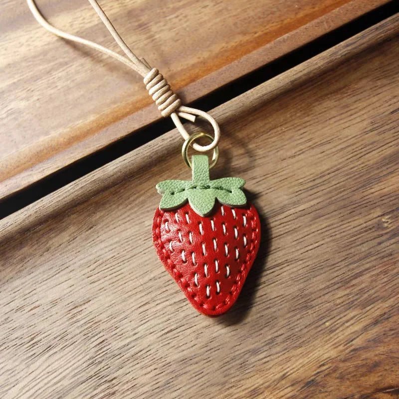 Cute Strawberry Leather Bag Charm – Handcrafted Fruit - Inspired Pendant with Daisy Detail | Playful Keychain Accessory | Lovely Gift for Women - Tomlynam
