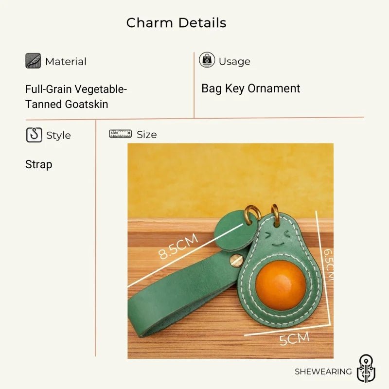 Smiling Avocado Leather Bag Charm – Handmade Italian Vegetable - Tanned Keychain | Whimsical Green Fruit Pendant | Cute Handbag Accessory for Women - Tomlynam