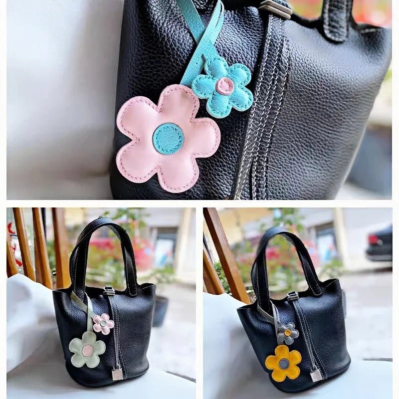 Elegant Sunflower Charm - Dual - Flower and Triple - Flower Multicolor Handmade Genuine Leather Bag, Backpack Accessory, Keychain, Premium Gift - Tomlynam