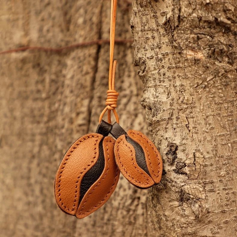 French Lambskin Coffee Bean Bag Charm – Handcrafted Dual - Tone Leather Keychain | Vintage - Inspired Pendant for Handbags & Cars | Unique Gift for Coffee Lovers - Tomlynam