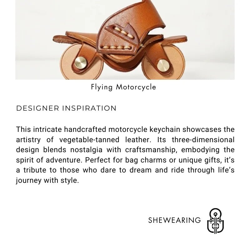 Flying Motorcycle Leather Bag Charm – Handcrafted Vegetable - Tanned Keychain for Bags or Keys, 3D Design, Unique Adventure - Inspired Gift - Tomlynam