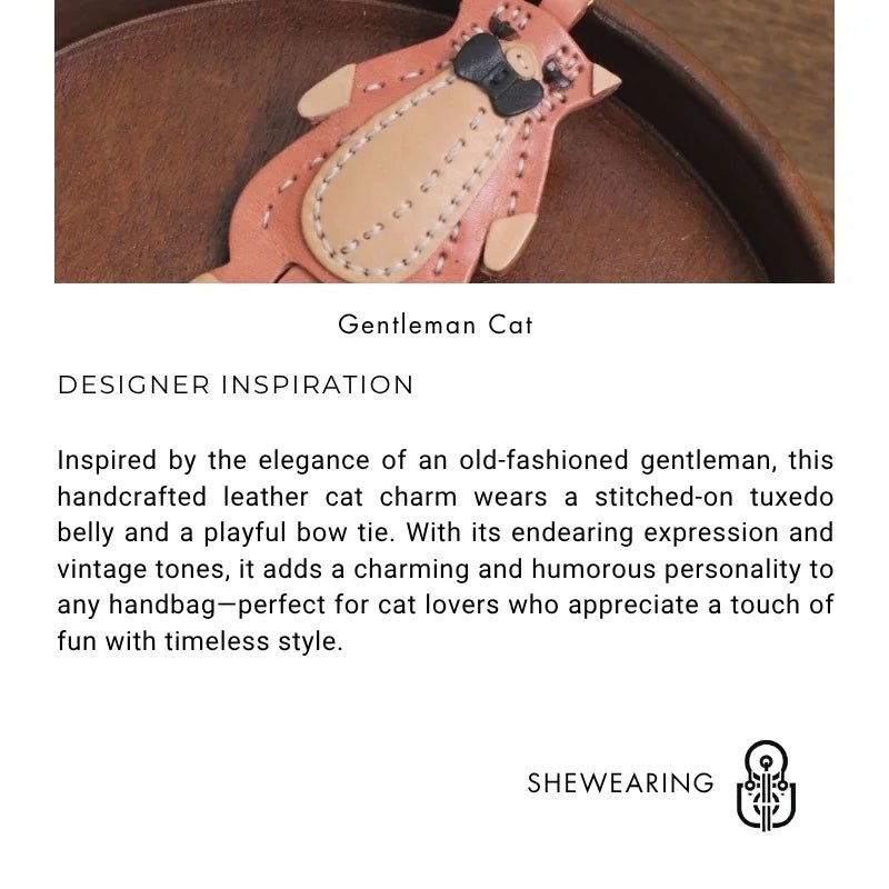 Gentleman Cat Leather Bag Charm – Handmade Full - Grain Leather Pendant | Vintage Bow - Tie Kitty Keychain | Cute & Quirky Gift for Her - Tomlynam